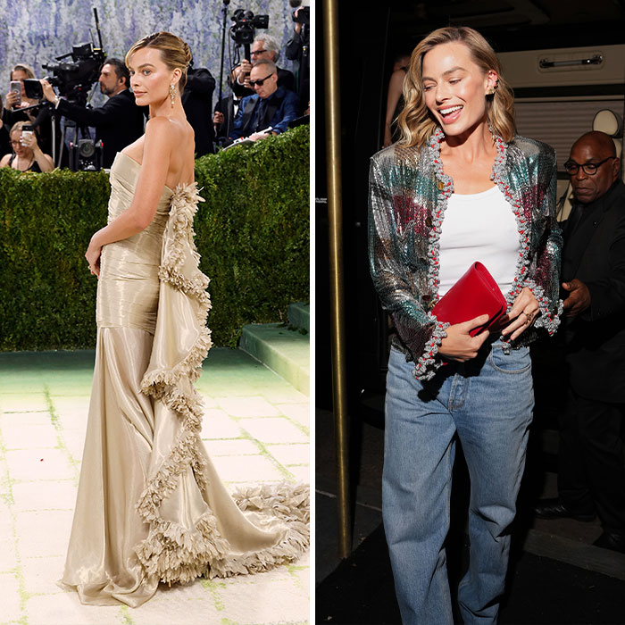 Margot Robbie in Met Gala afterparty fashion transformations, from elegant gown to a sparkling jacket and jeans.