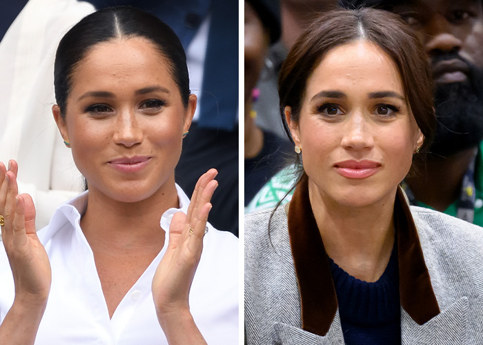 Side-by-side images of Meghan Markle showing noticeable changes in her appearance