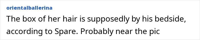 Text from a user named orientalballerina discussing a box of hair by a bedside, related to the creepy details of Meghan Markle's birthday post.