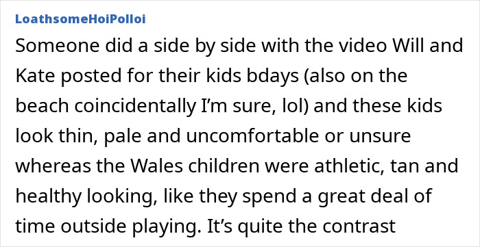 A user comment on Meghan Markle's birthday post for Prince Archie, noting perceived differences in children's appearances.