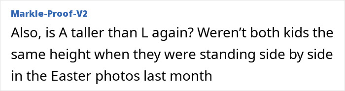 A comment about Meghan Markle's birthday post for Prince Archie, questioning height differences, highlighting odd details.