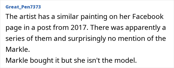 A social media comment from "Great_Pen7373" discusses the artist's older paintings and Meghan Markle. So creepy details.