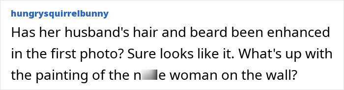 A user comment, 'hungrysquirrelbunny', questioning photo enhancements and a wall painting, picking out odd details from a birthday post.