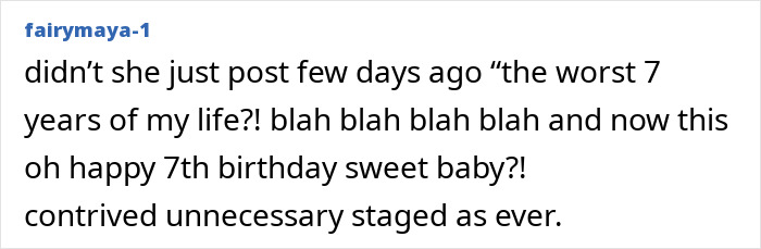 A user comment from fairymaya-1 questions Meghan Markle's birthday post for Prince Archie, calling it contrived. So Creepy details noted.