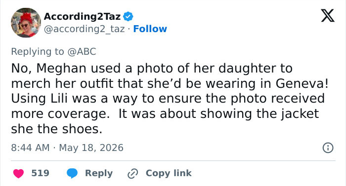 Tweet explaining Meghan Markle used daughter’s photo to promote outfit for online safety awareness
