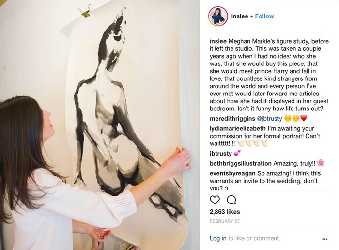 An artist holds a large figure study painting, shared with a story about Meghan Markle's birthday post for Prince Archie.