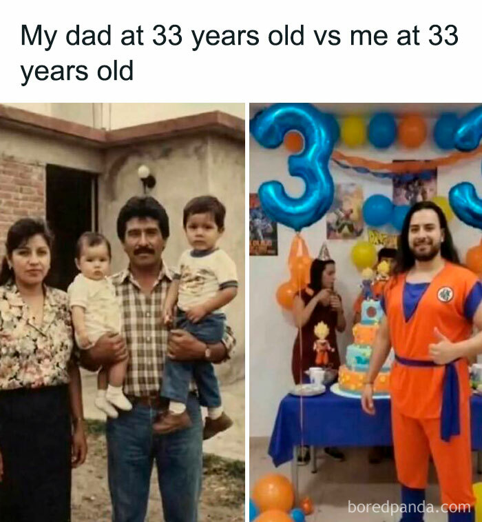 Side-by-side photos of father and son at 33 years old