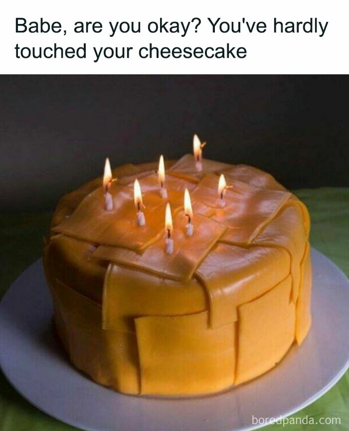 Humorous cheesecake meme with cheese slices and birthday candles