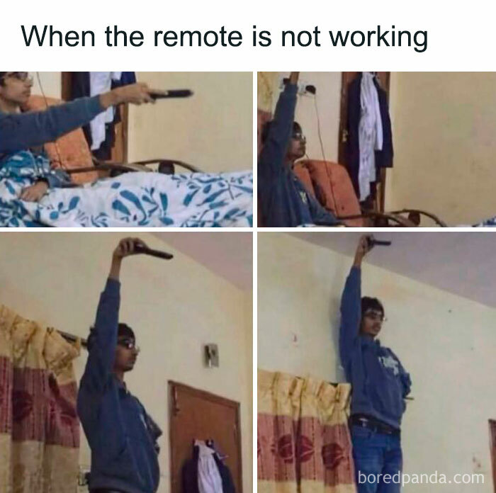 Man trying to fix TV remote by holding it up funny meme