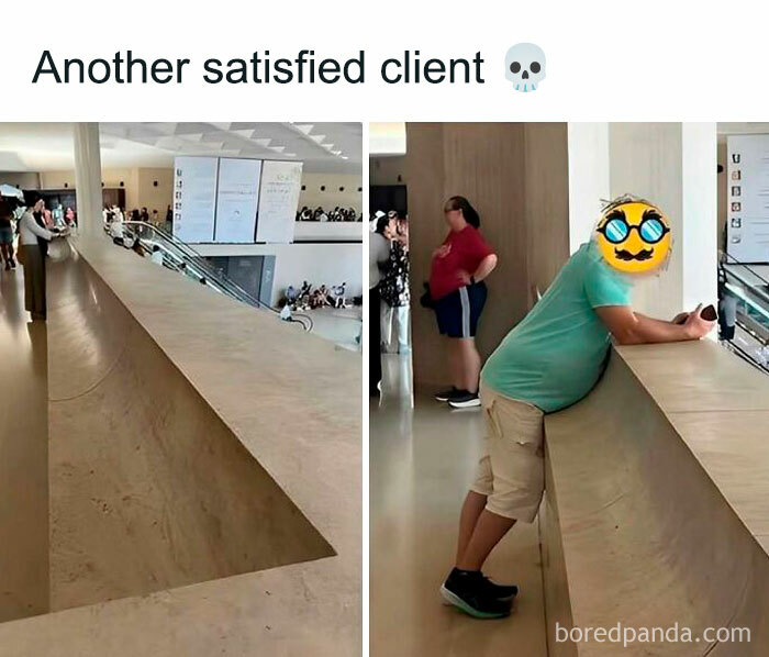 Person leaning over railing with awkward body posture meme