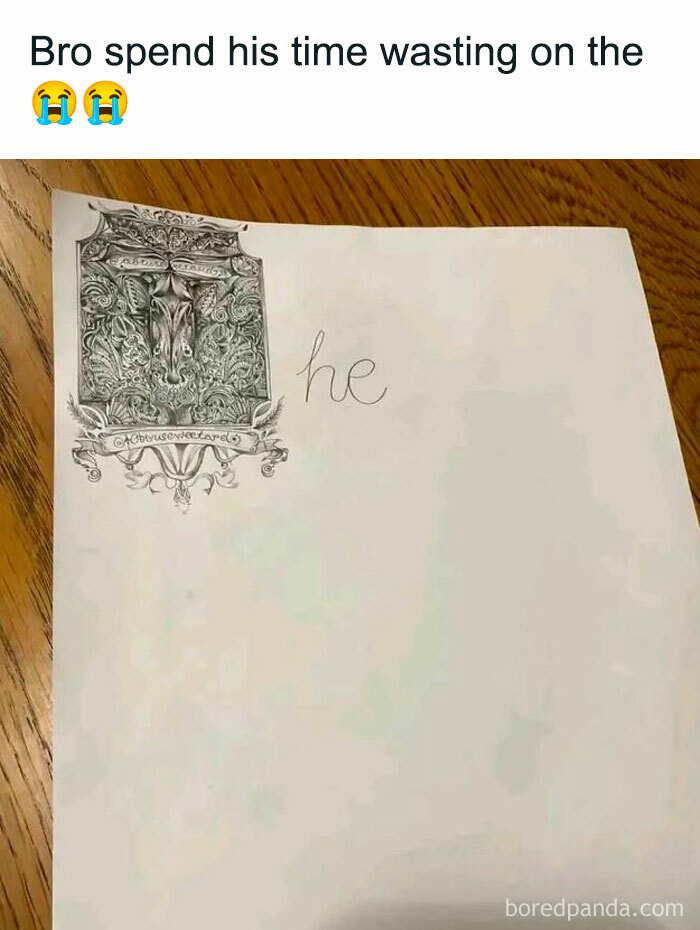 Paper with detailed drawing and word he hand drawn illustration meme