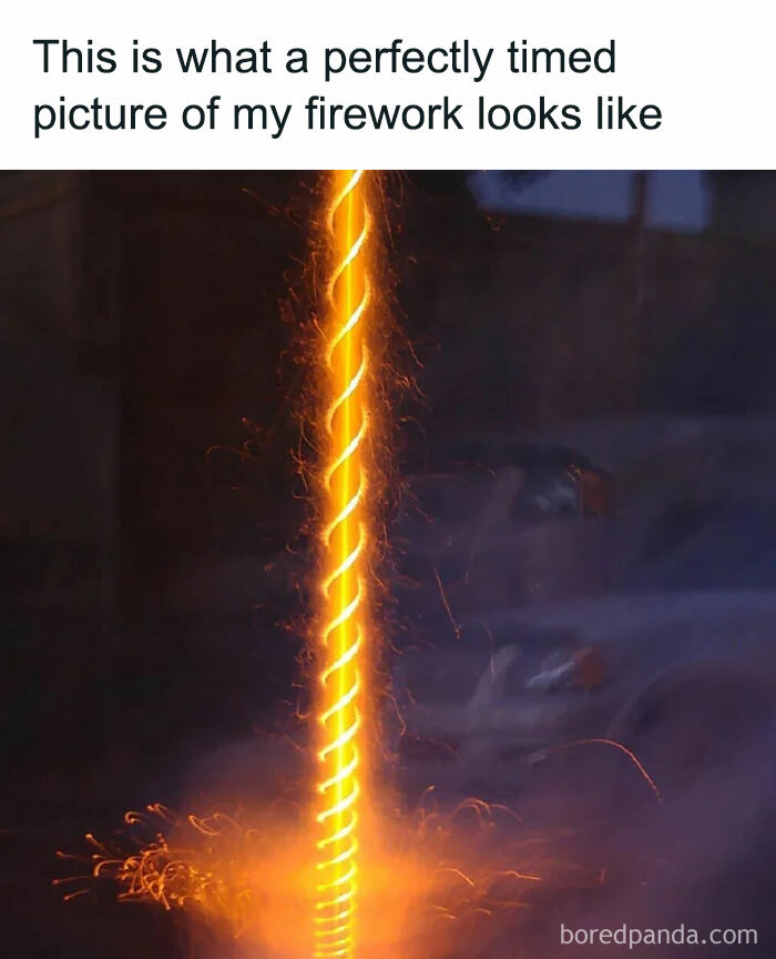Perfectly timed firework photo capturing bright spiral sparks