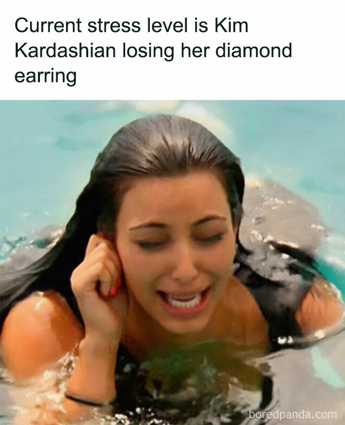 Meme showing stressed woman in water with caption about Kim Kardashian losing diamond earring