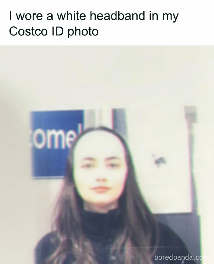 Costco ID photo of woman wearing a white headband meme