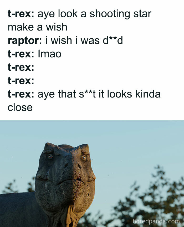 Dark humor meme with t-rex and raptor talking about a shooting star