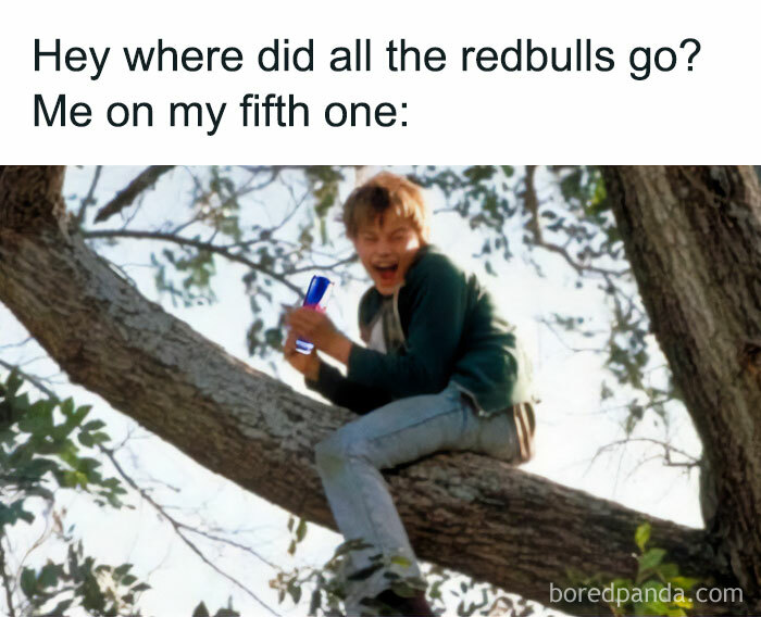 Funny meme about drinking multiple Red Bulls and energy crash