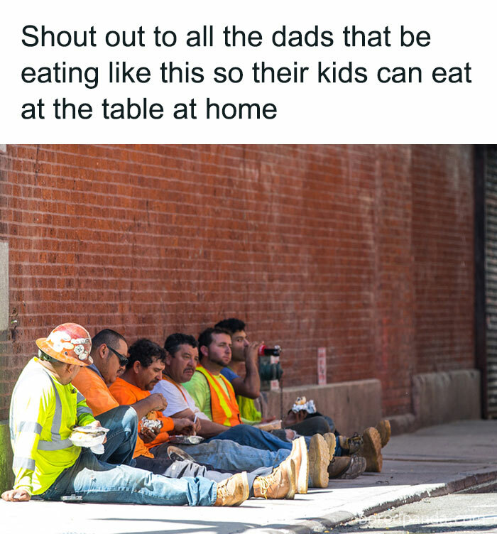Group of dads eating lunch on street, funny relatable memes about dads and kids