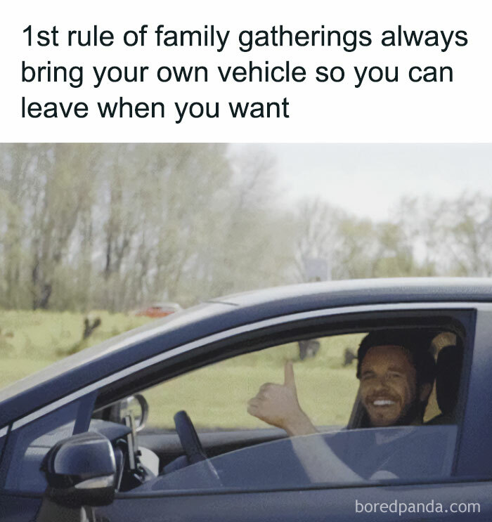 Man smiling and giving thumbs up from car illustrating family gatherings vehicle rule meme