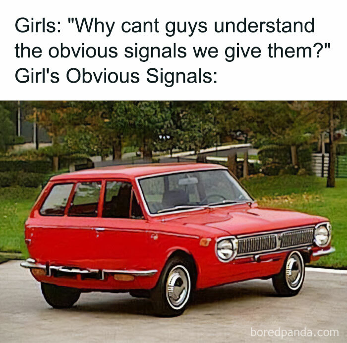 Red vintage car with flat tires as a girl's obvious signals meme