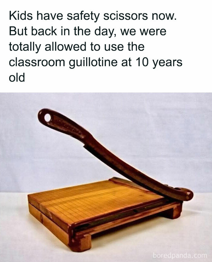 Dark humor meme with an old classroom guillotine instead of safety scissors