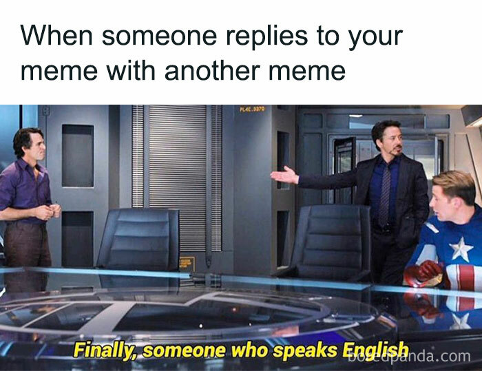Funny meme about replying to a meme with another meme and speaking English