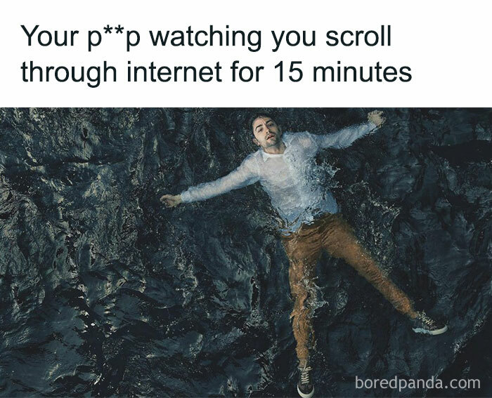 Humorous meme about impatience showing a man lying on rocks with caption about scrolling internet