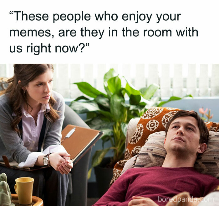 Man lying on couch with woman taking notes in room, meme about enjoying memes