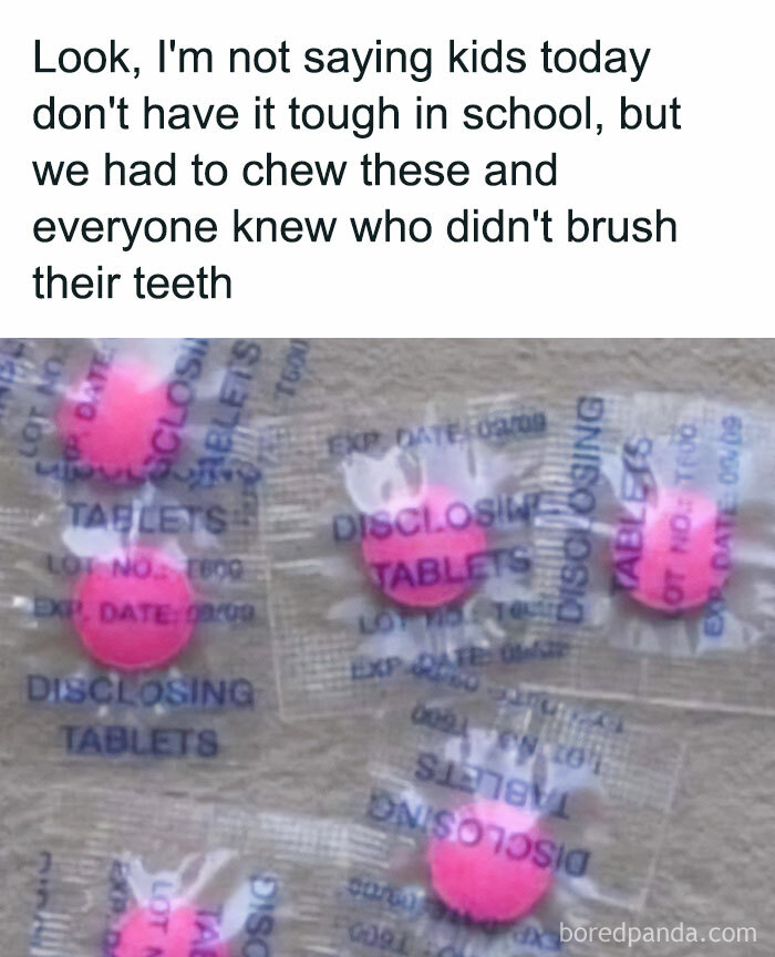 Disclosing tablets gum chew reminder about school dental hygiene with dark humor meme