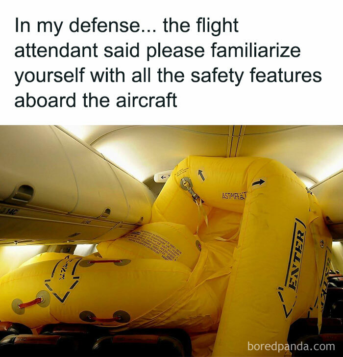 Inflated airplane safety slide inside cabin showing flight safety features