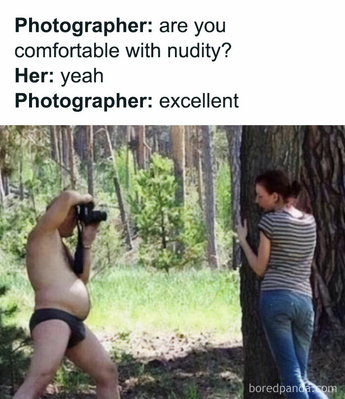 Photographer asking woman if she's comfortable with nudity in a forest setting meme