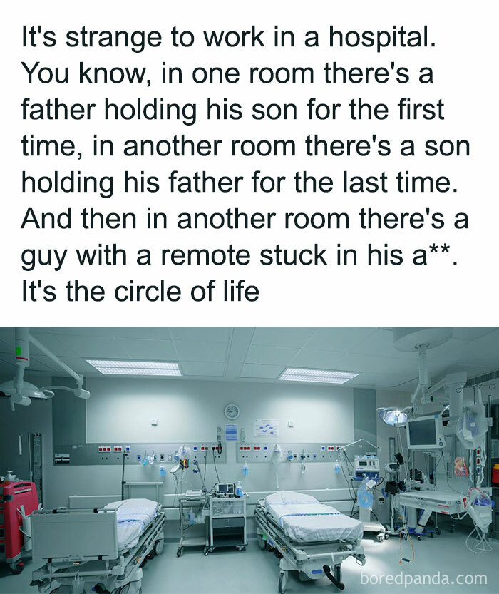 Hospital room showing life's circle with patient beds and medical equipment
