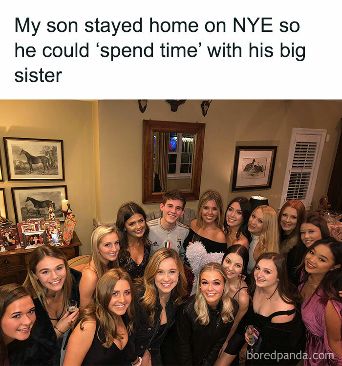 Humorous meme about son spending time with big sister on New Year's Eve