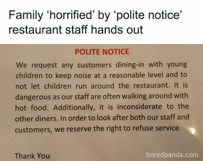 Polite notice asking restaurant diners to keep children quiet and not run around