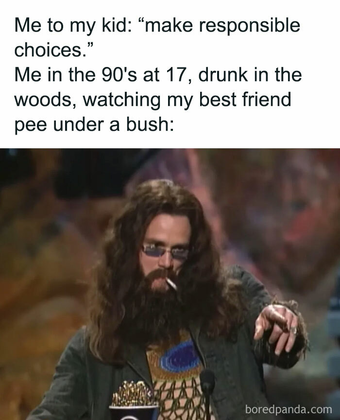 Dark humor meme about responsible choices showing a long-haired man smoking a cigarette