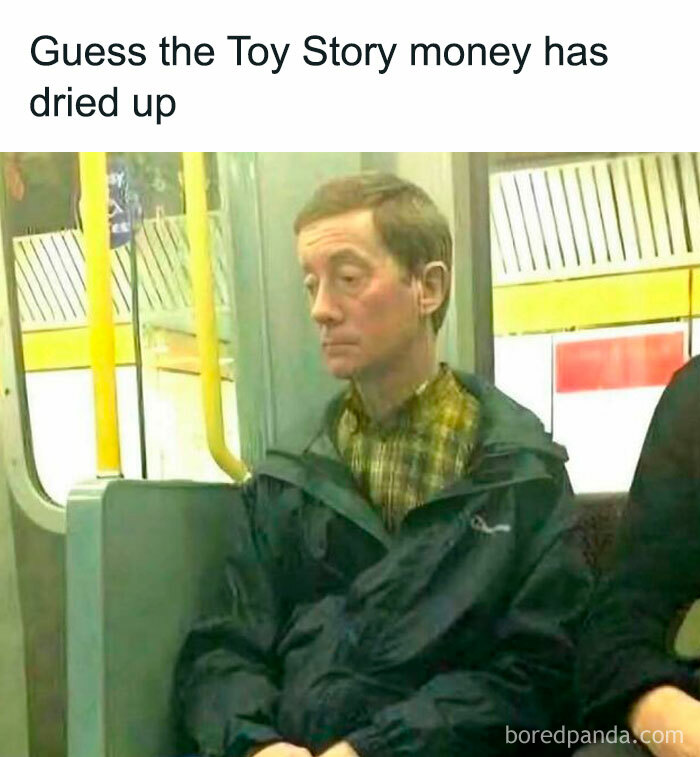 Tired man on bus joking about Toy Story money drying up meme