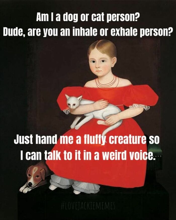 A painting of a child in a red dress holding a white cat, with a dog peeking out. Funny memes about cats.