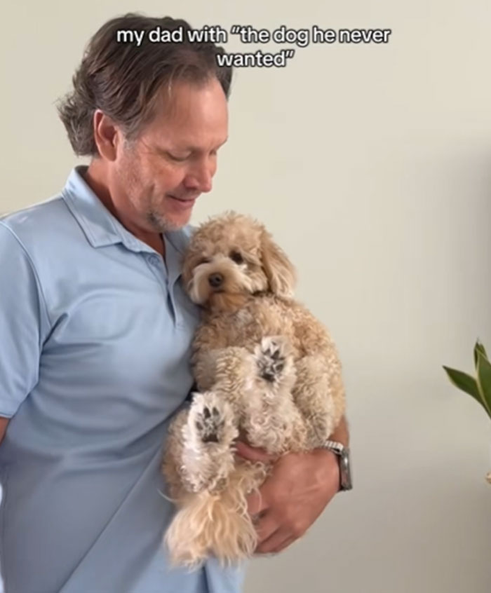 A man in a light blue polo shirt lovingly holds a small fluffy dog. Men got a pet and went from "absolutely not" to "that’s my baby".