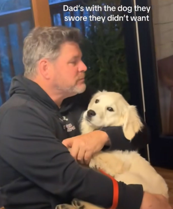 A man holding a golden retriever puppy. Men got a pet against their will and now it's their baby.