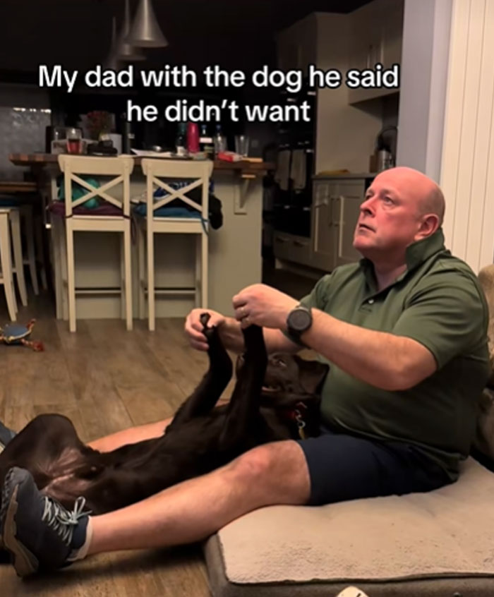 A man sits on the floor, holding the paws of a brown dog lying on its back. Men got a pet.