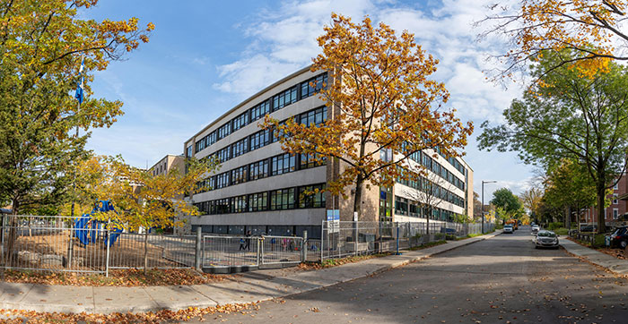 A school building in autumn with a playground, trees, and a street. Recalling school stories.