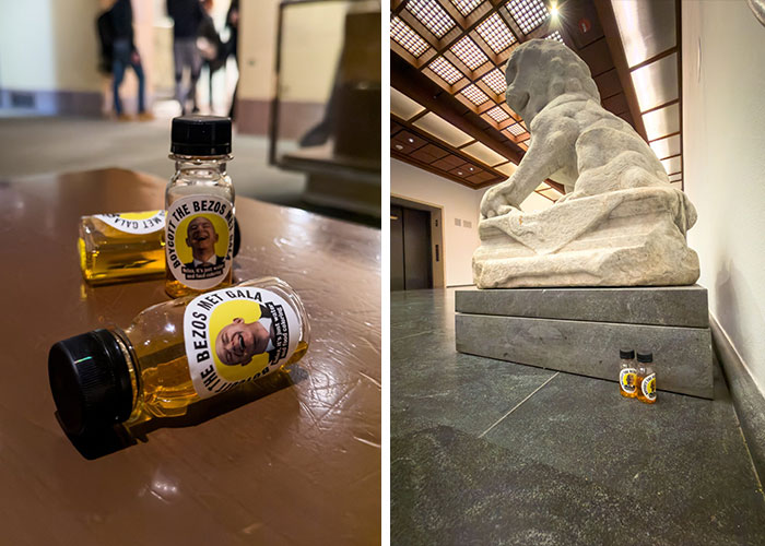 Bottles labeled Boycott The Bezos Met Gala, some near a statue, showing protesting acts at the MET Gala.