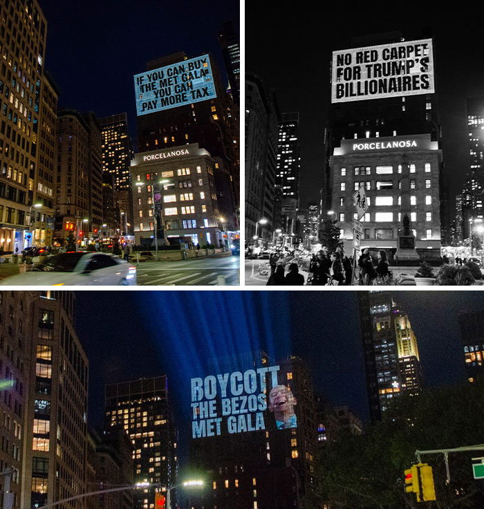 Various protest messages projected onto buildings at night, targeting the MET Gala, including calls to pay more tax and boycott Bezos.