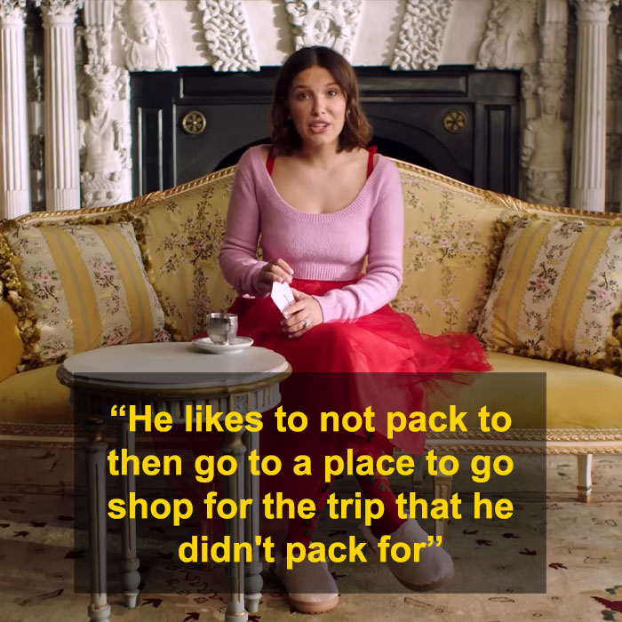 Millie Bobby Brown explaining Jake Bongiovi's travel shopping habits in interview Millie Bobby Brown explaining Jake Bongiovi's travel shopping habits in interview