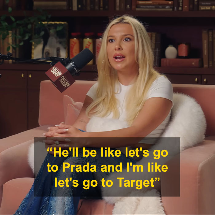 Millie Bobby Brown discussing Jake Bongiovi's travel habits in a podcast interview Millie Bobby Brown discussing Jake Bongiovi's travel habits in a podcast interview