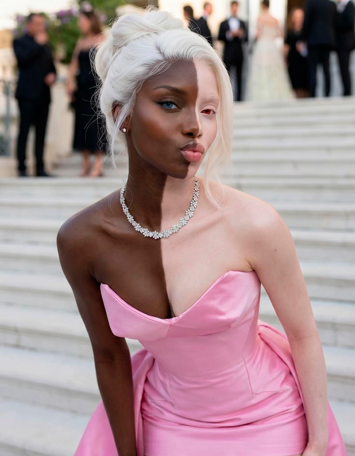 Model with striking unusual skin coloration wearing pink dress at event