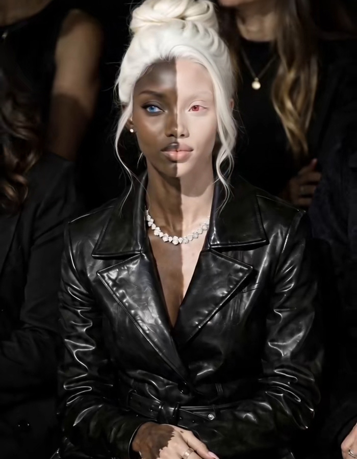 Model with striking unusual skin coloration in black leather outfit at fashion event