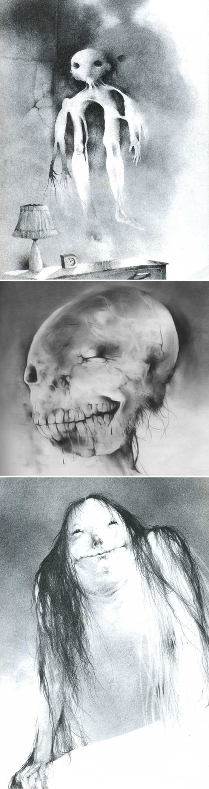 Black and white disturbing ghost and skull art drawings
