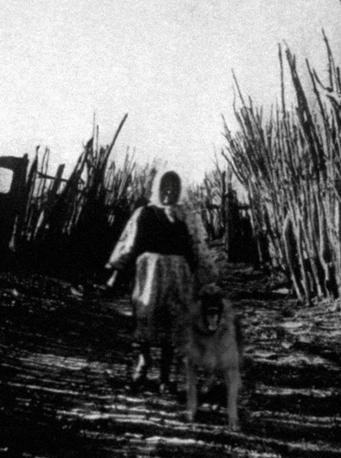 Grainy black and white photo of a person walking a large dog on a rural path