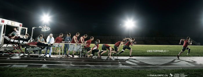 Sequential image of an injured runner recovering and sprinting in a night track race