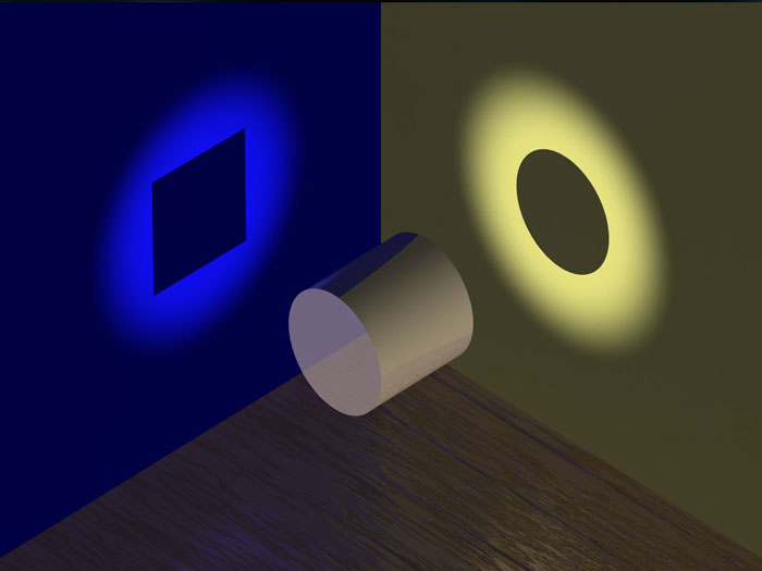 Cylinder casting a square and circular shadow illustrating optical illusion